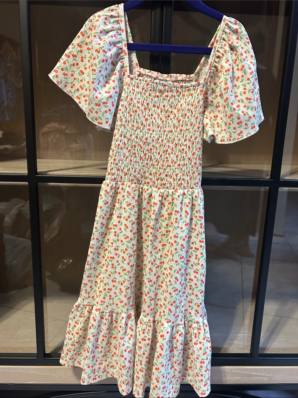 Zara Floral Smocked Midi Dress in White with Red & Green Cherry Print